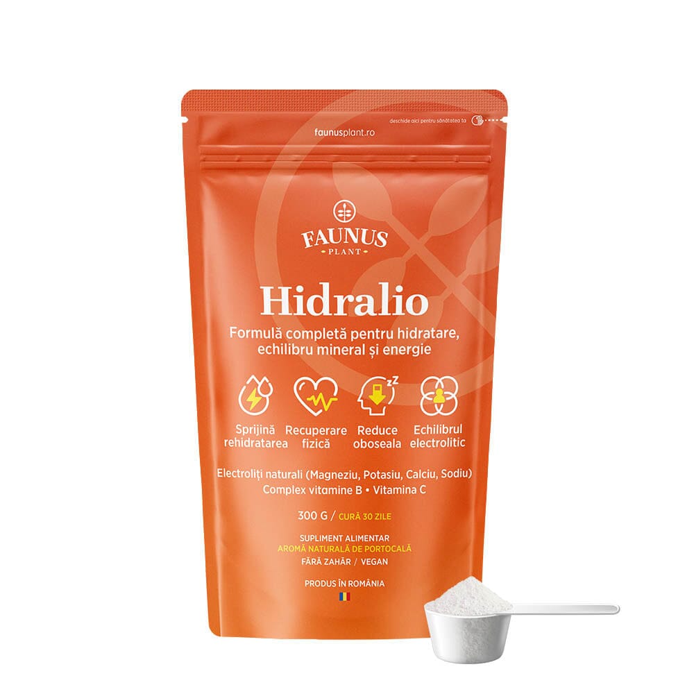 Hidralio Electroliți - Supliment cu electroliți pentru hidratare și echilibru mineral. Pudră 300g. Aromă de portocale Supliment alimentar Faunus Plant