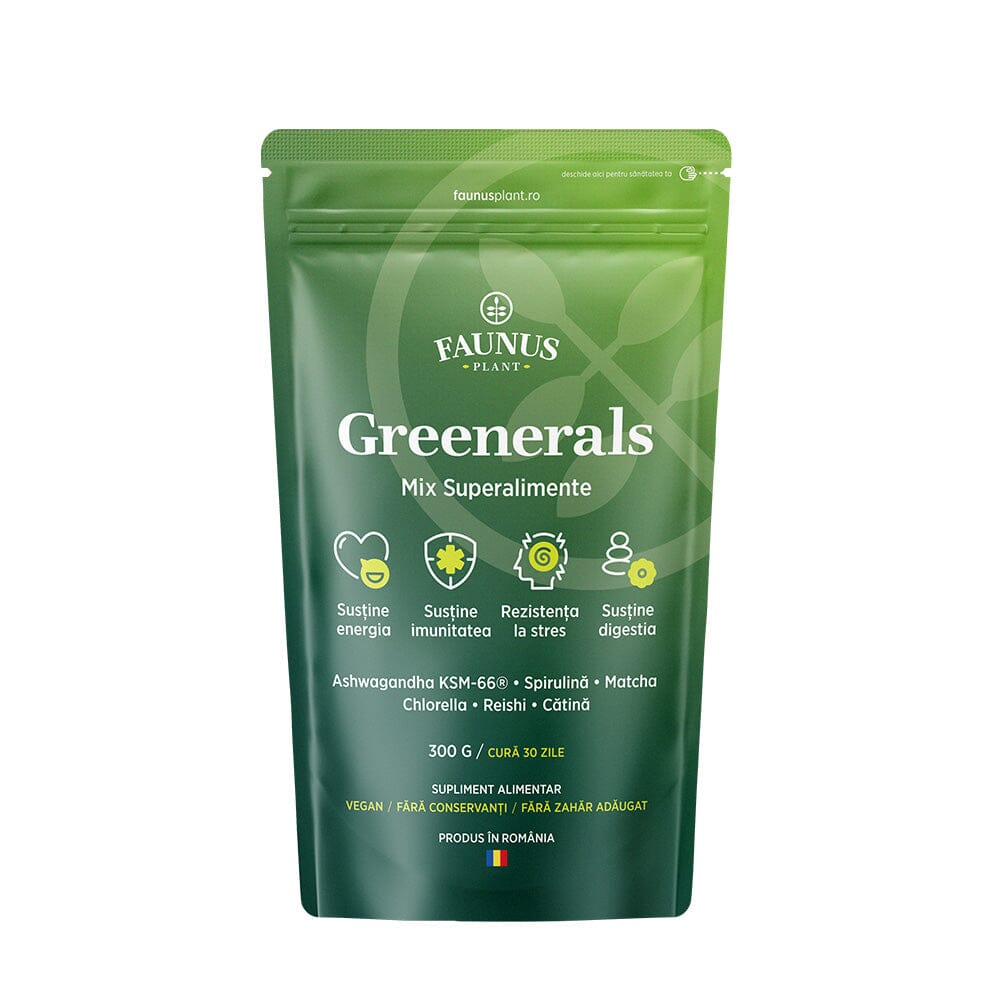 Greenerals de la Faunus Plant. Ambalaj față pe fundal alb. Vizibil pe etichetă este logo Faunus Plant, denumire produs, beneficii și ingrediente principale, cură și faptul că este produs în România.