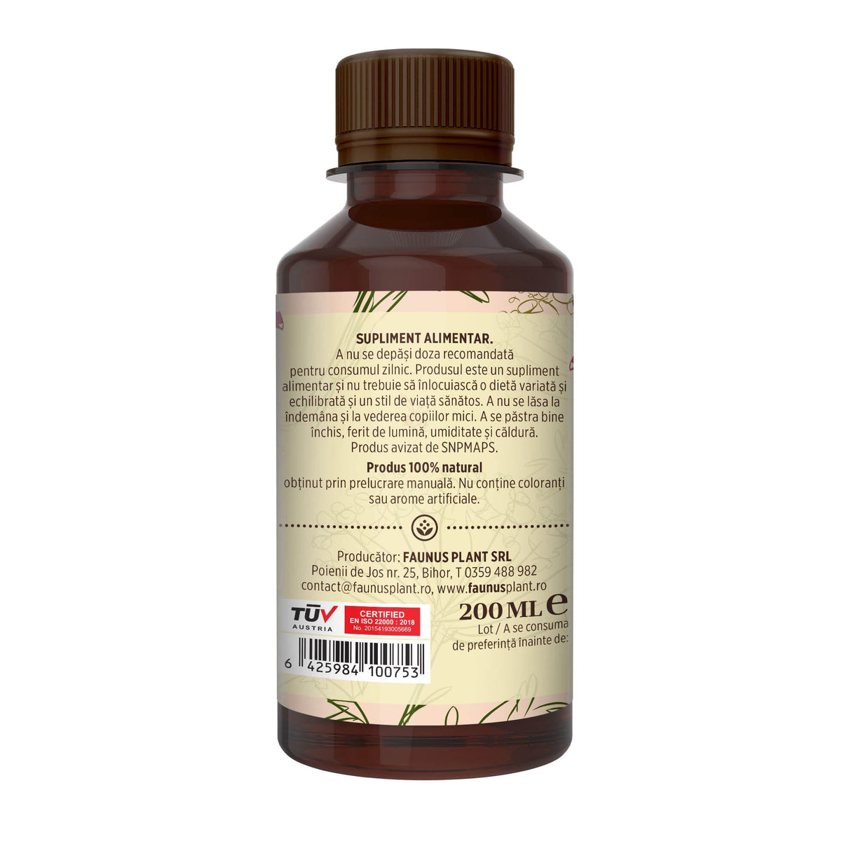 Flacon Sirop Vitaminizantus cu Miere și Propolis 200 ml fotografiat din dreapta, care subliniază atât modul de administrare alături de precauții și atenționări, cât și codul de bare, logo TUV Austria și spațiul pentru data expirării.