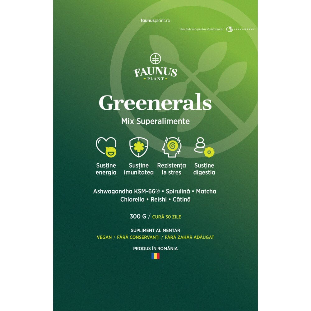 Etichetă desfășurată față pentru Greenerals de la Faunus Plant, cu logo vizibil, nume produs, beneficii-cheie, ingrediente principale, cură și faptul că e produs în România.