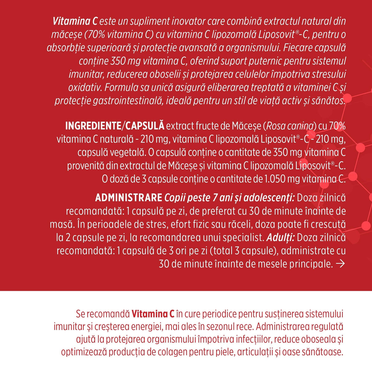 Etichetă desfășurată stânga pentru capsule Vitamina C de la Faunus Plant, cu descrierea produsului, lista completă de ingrediente și recomandarea cu privire la administrare atât pentru copii de peste 7 ani și adolescenți, cât și pentru adulți.