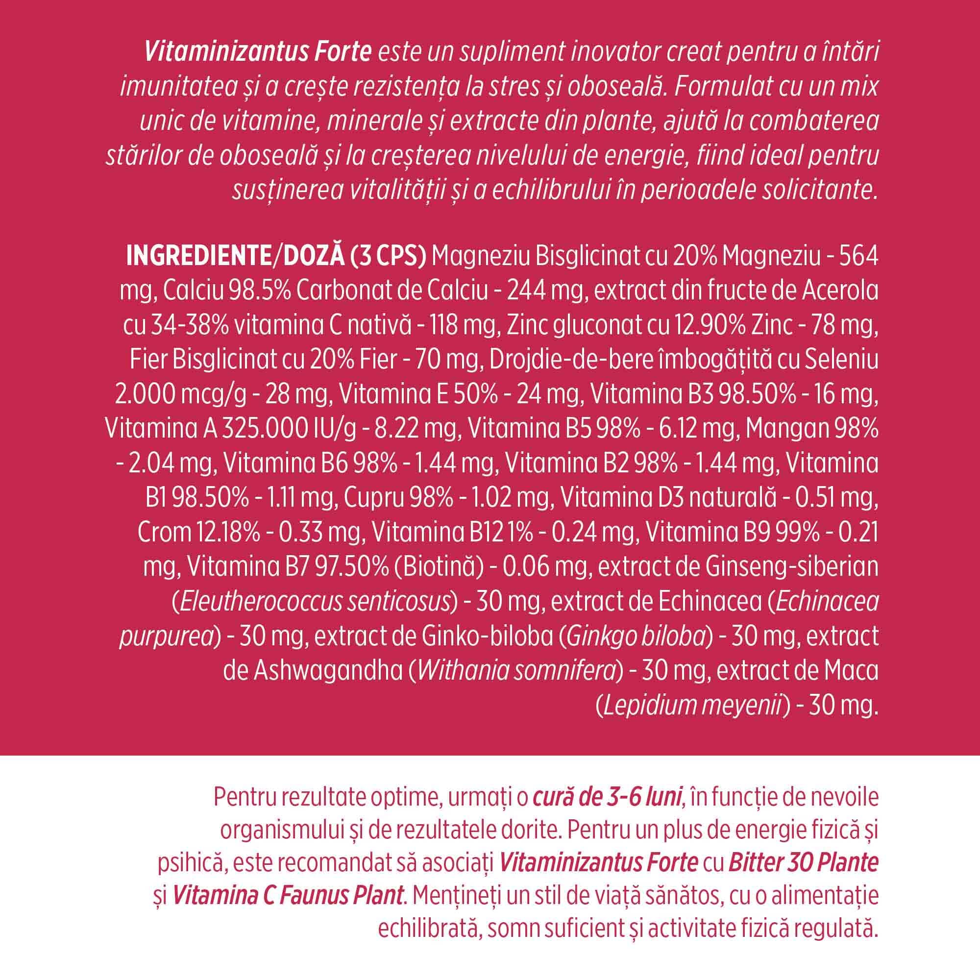 Etichetă desfășurată stânga pentru Vitaminizantus Forte de la Faunus Plant, cu lista completă de ingrediente, descierea produsului și recomandarea cu privire la o cură de 3-6 luni pentru efecte benefice pe termen lung.