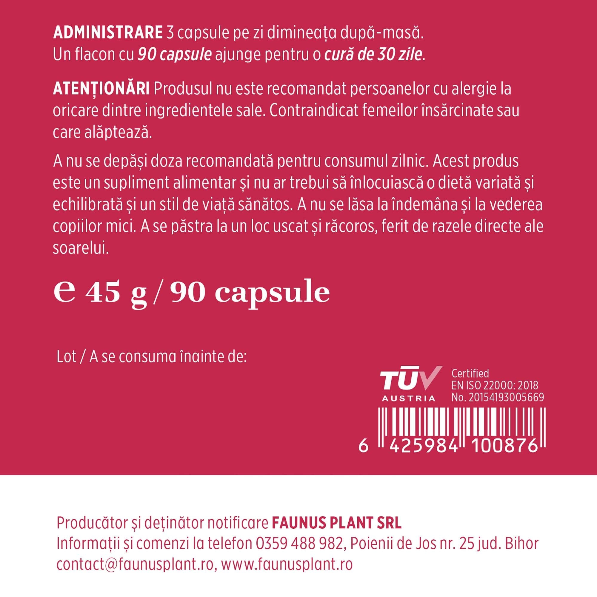 Etichetă desfășurată capsule Vitaminizantus Forte de la Faunus Plant, cu detalii de administrare, atenționări, cantitate și detalii despre producător.