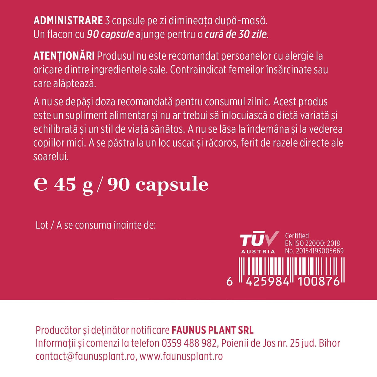 Etichetă desfășurată capsule Vitaminizantus Forte de la Faunus Plant, cu detalii de administrare, atenționări, cantitate și detalii despre producător.