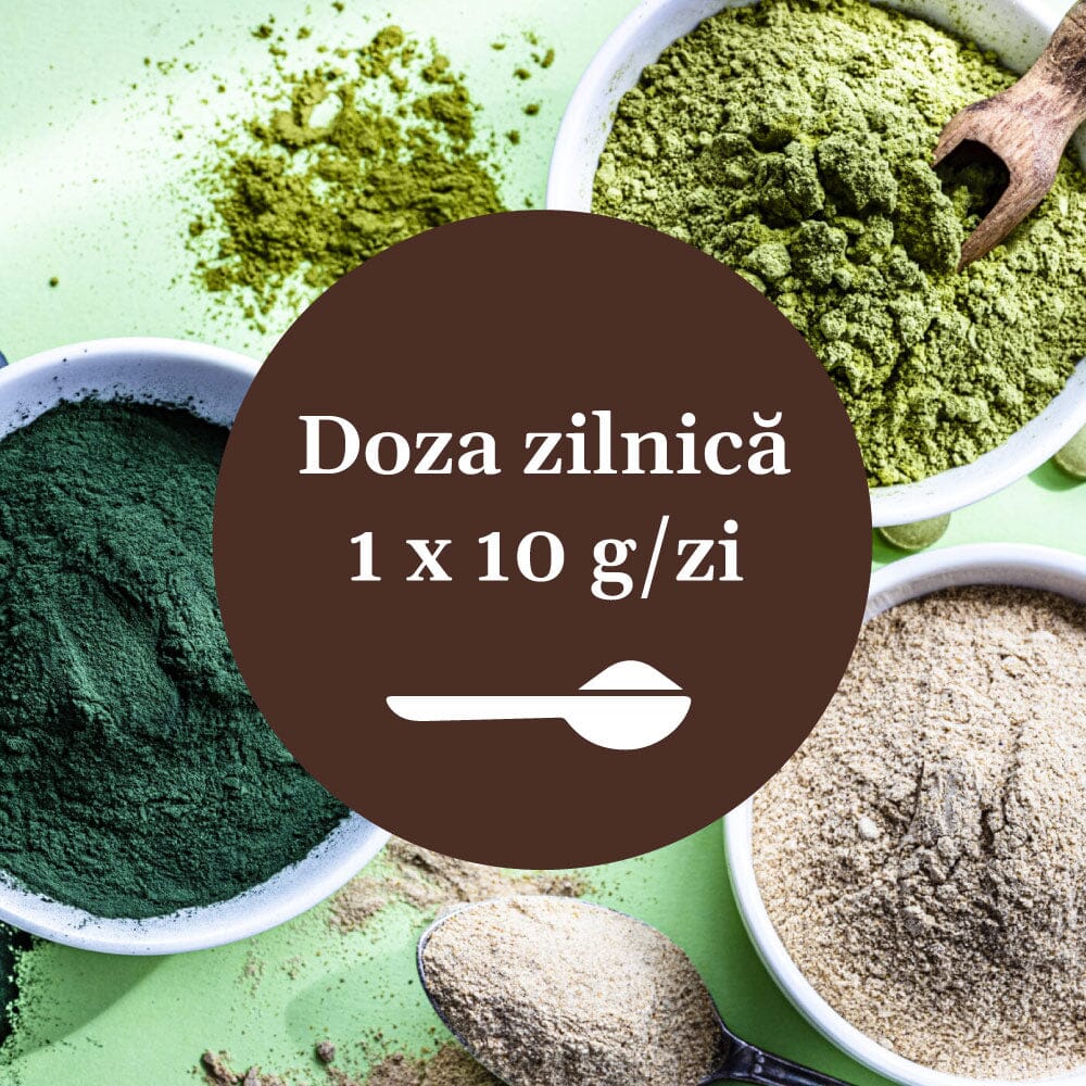 Mod de administrare pentru Greenerals de la Faunus Plant, scris într-un cerc color având un simbol de linguriță afișat, iar pe fundal se află boluri cu pudră și o lingură.