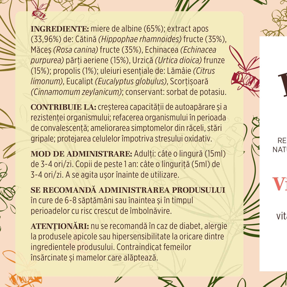 Eticheta desfășurată stânga cu ingredientele Vitaminizantus cu Miere și Propolis 200ml de la Faunus Plant, mod de administrare, durata unei cure recomandate și contraindicații pentru utilizatori.