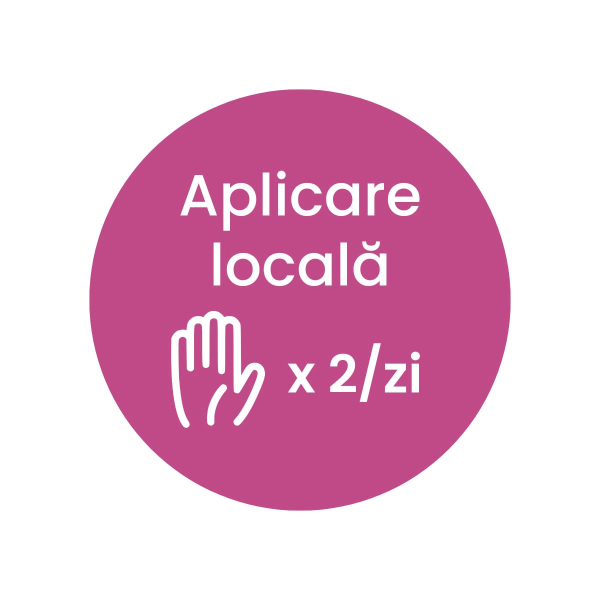 Element grafic circular afișat pe mijloc cu un text despre modul de aplicare al gelului Veinosan, sugerând aplicarea locală de 2 ori pe zi.