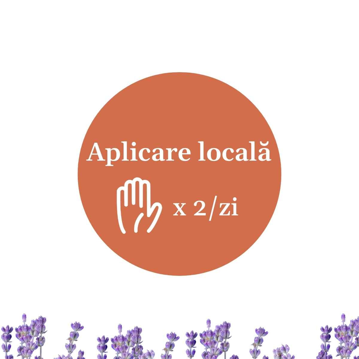 Element grafic circular afișat pe mijloc cu un text despre aplicarea gelului variplant, sugerând aplicarea locală de 2 ori pe zi.