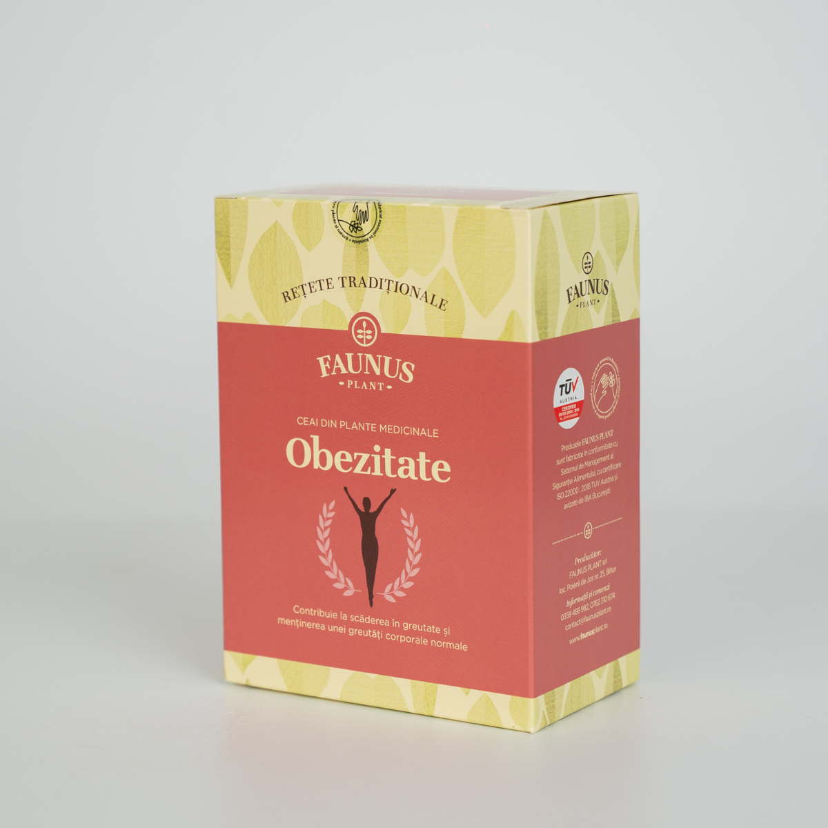 O cutie de carton de Faunus Plant's Rețete Tradiționale, Ceai - Obezitate 180g ceai de plante medicinale etichetat „Obezitate”. Designul cutiei prezintă o schemă roșie și galbenă cu siluete de frunze, un logo cu un copac și text în limba română. Pretinde că ajută la gestionarea greutății și la menținerea greutății corporale normale, perfectă pentru cura de slăbire.