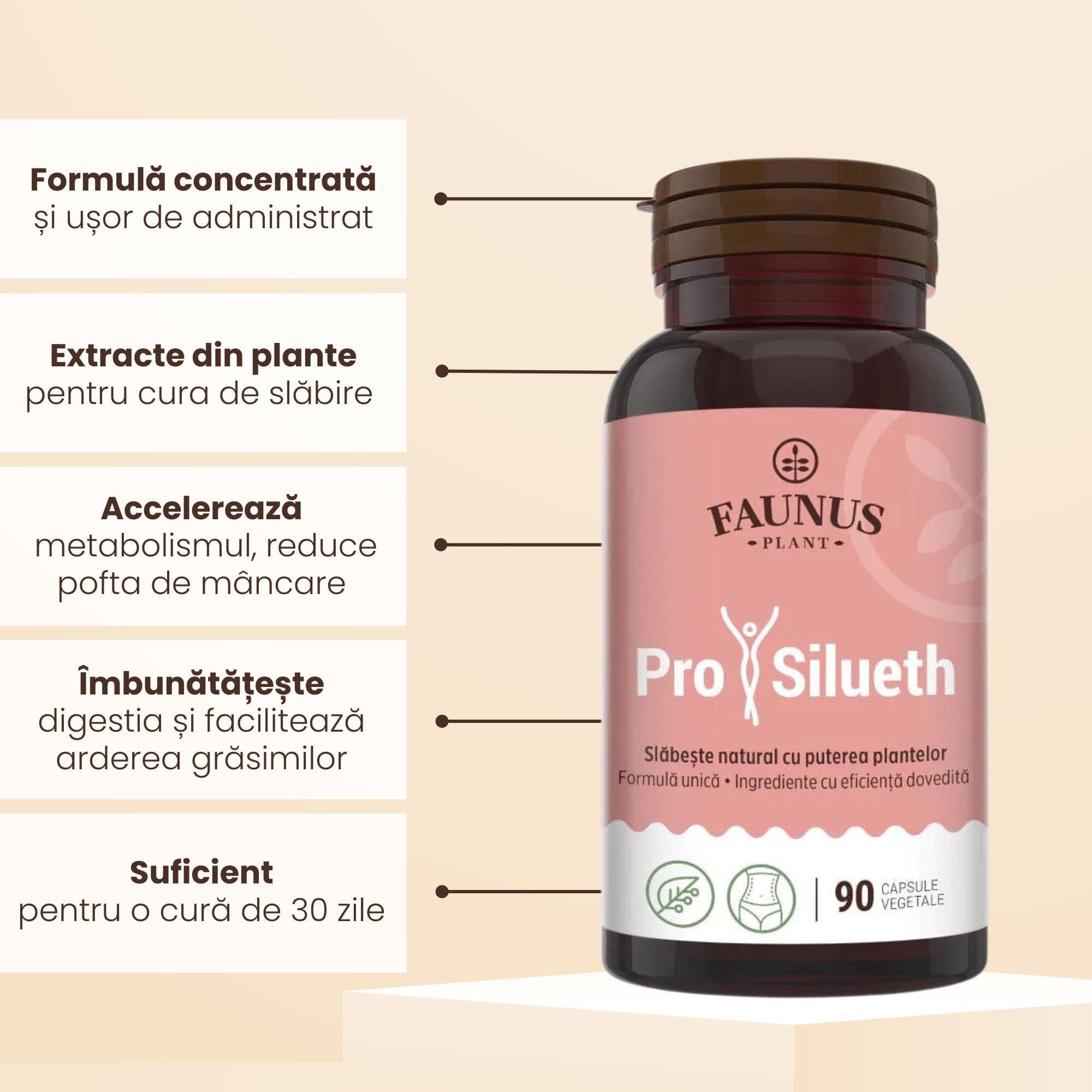 ProSilueth Capsule - Formulă unică pentru cura de slăbire, plante medicinale cu acțiune dovedită pentru accelerarea metabolismului, arderea grăsimilor, reducerea apetitului și detoxifierea organismului - 90 capsule Supliment alimentar Faunus Plant 