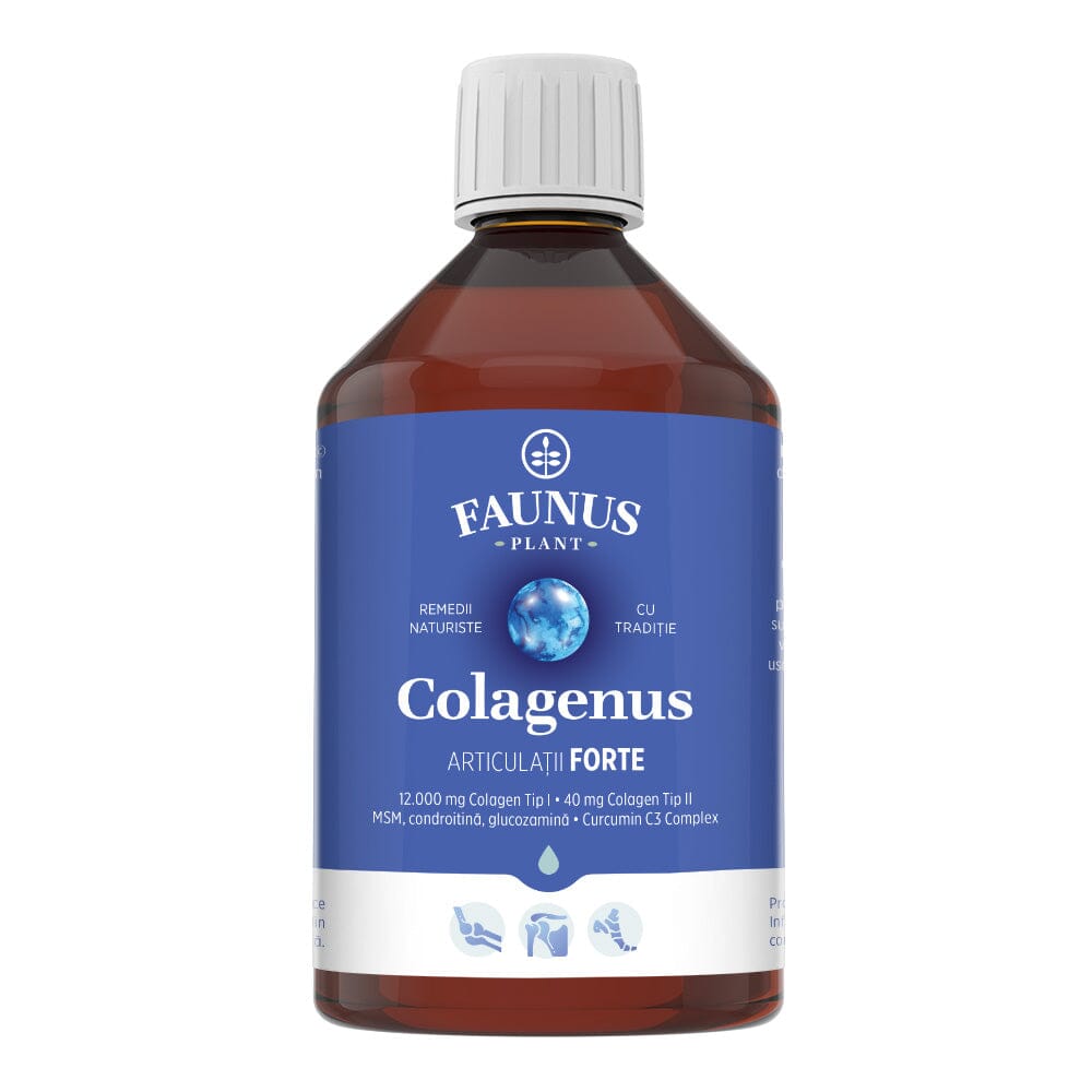 Colagenus Articulații Forte - Colagen lichid concentrat, 12.000mg colagen tip 1 și 40mg colagen tip 2. Flacon 500ml. Susține sănătatea articulațiilor, reducerea inflamațiilor și durerii reumatice, refacerea mușchilor și ligamentelor Cosmetics Faunus Plant 