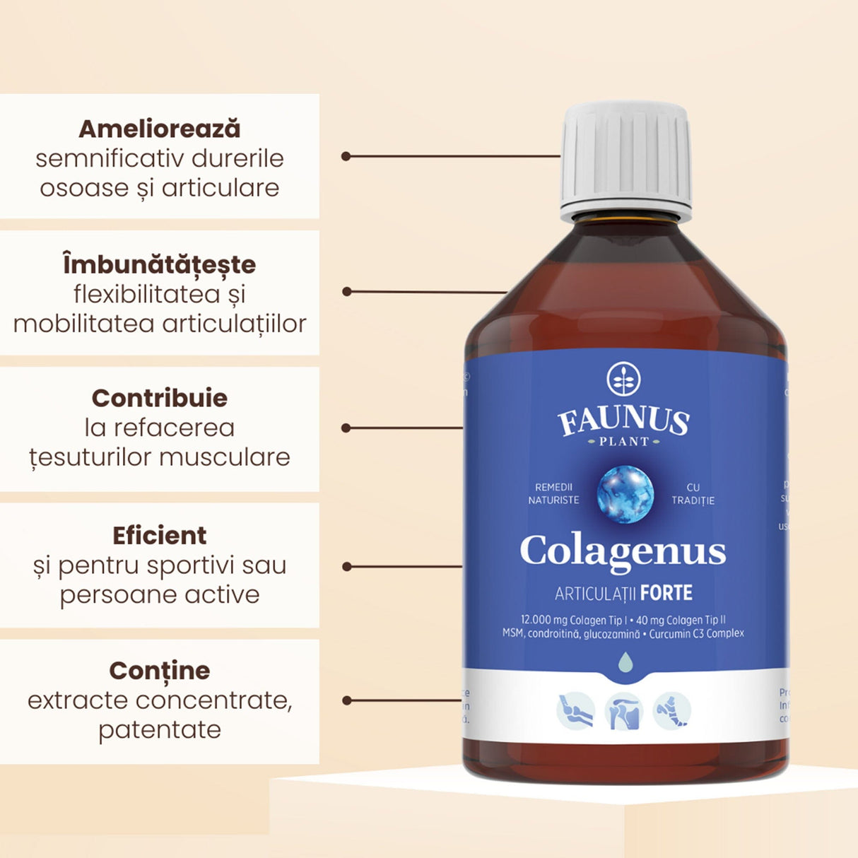 Colagenus Articulații Forte - Colagen lichid concentrat, 12.000mg colagen tip 1 și 40mg colagen tip 2. Flacon 500ml. Susține sănătatea articulațiilor, reducerea inflamațiilor și durerii reumatice, refacerea mușchilor și ligamentelor Supliment alimentar Faunus Plant 