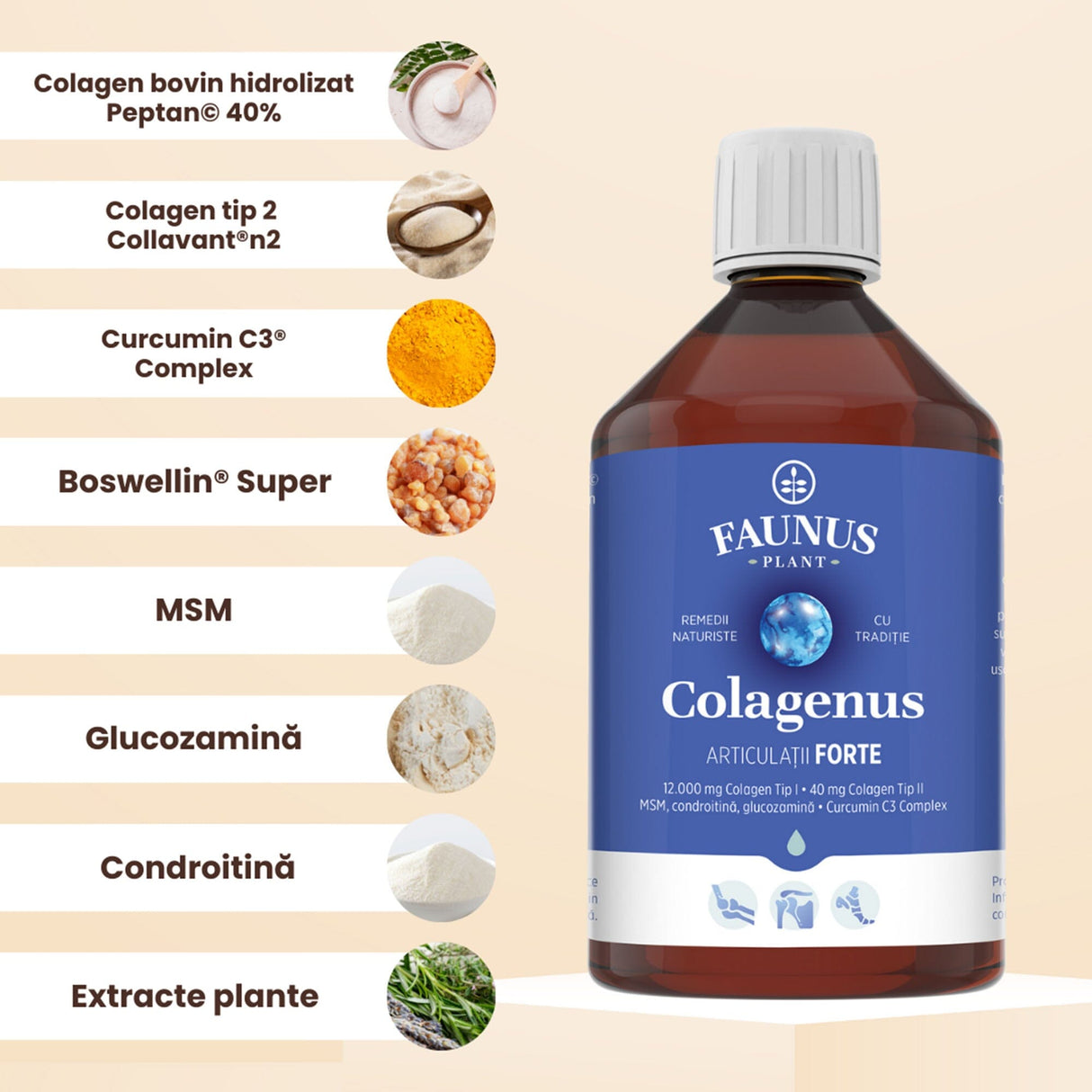 Colagenus Articulații Forte - Colagen lichid concentrat, 12.000mg colagen tip 1 și 40mg colagen tip 2. Flacon 500ml. Susține sănătatea articulațiilor, reducerea inflamațiilor și durerii reumatice, refacerea mușchilor și ligamentelor Supliment alimentar Faunus Plant 
