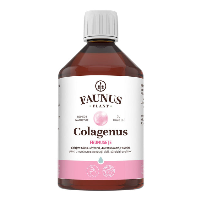 Colagenus Frumusețe - Colagen lichid hidrolizat cu acid hialuronic și biotină. Flacon 500ml. Susține sănătatea și frumusețea pielii, unghiilor și părului. Reduce ridurile și căderea părului. Întărește unghiile Supliment alimentar Faunus Plant 