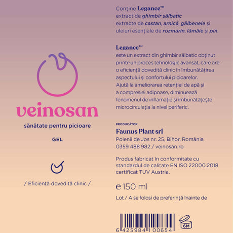 Etichetă desfășurată Veinosan gel 150ml de la Faunus Plant cu listă ingrediente, descrierea ingredientului principal Legance, adresa și denumirea producătorului, certificarea TUV Austria, cantitate și spațiu dedicat datei de expirare.