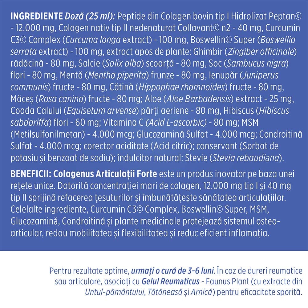 Colagenus Articulații Forte - Colagen lichid concentrat, 12.000mg colagen tip 1 și 40mg colagen tip 2. Flacon 500ml. Susține sănătatea articulațiilor, reducerea inflamațiilor și durerii reumatice, refacerea mușchilor și ligamentelor Supliment alimentar Faunus Plant 