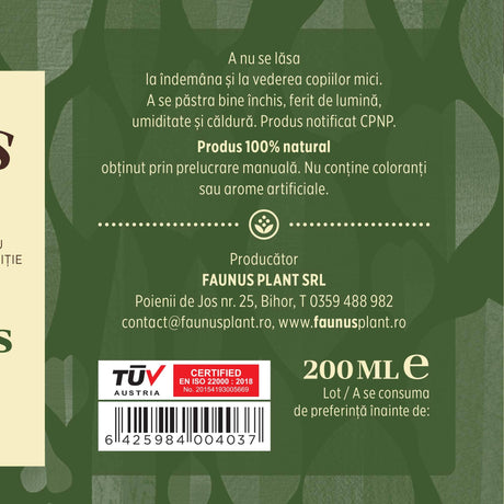 Eticheta lateral dreapta desfășurată pentru loțiunea Capilarus care afișează condiții de păstrare, faptul că produsul este natural și fabricat manual, detalii producător, cod de bare, cantitate și logo certificare TUV Austria.
