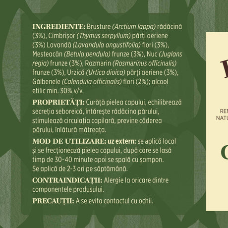 Eticheta desfășurată care conține lista ingredientelor din compoziția loțiunii Capilarus de la Faunus Plant, proprietăți, mod de utilizare, contraindicații și precauții.