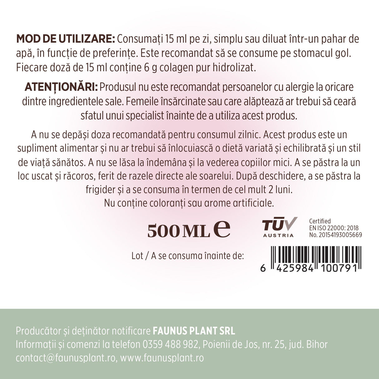 Colagenus - Colagen lichid hidrolizat. Flacon 500ml. Susține sănătatea articulațiilor, pielii, părului și unghiilor Supliment alimentar Faunus Plant 