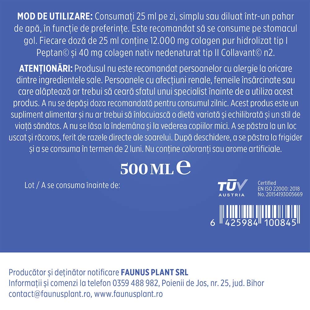 Colagenus Articulații Forte - Colagen lichid concentrat, 12.000mg colagen tip 1 și 40mg colagen tip 2. Flacon 500ml. Susține sănătatea articulațiilor, reducerea inflamațiilor și durerii reumatice, refacerea mușchilor și ligamentelor Supliment alimentar Faunus Plant 