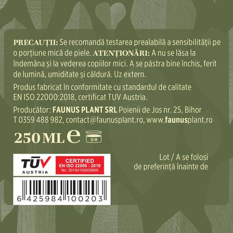 Eticheta cu detalii despre precauții și atenționări pentru Gelul Reumaticus, certificări de calitate ale produsului, cantitate, detalii despre producătorul Faunus Plant, cod de bare și logo TUV Austria.