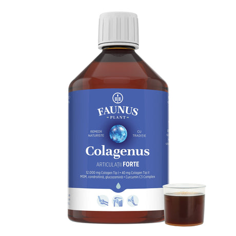 Colagenus Articulații Forte - Colagen lichid concentrat, 12.000mg colagen tip 1 și 40mg colagen tip 2. Flacon 500ml. Susține sănătatea articulațiilor, reducerea inflamațiilor și durerii reumatice, refacerea mușchilor și ligamentelor Supliment alimentar Faunus Plant 