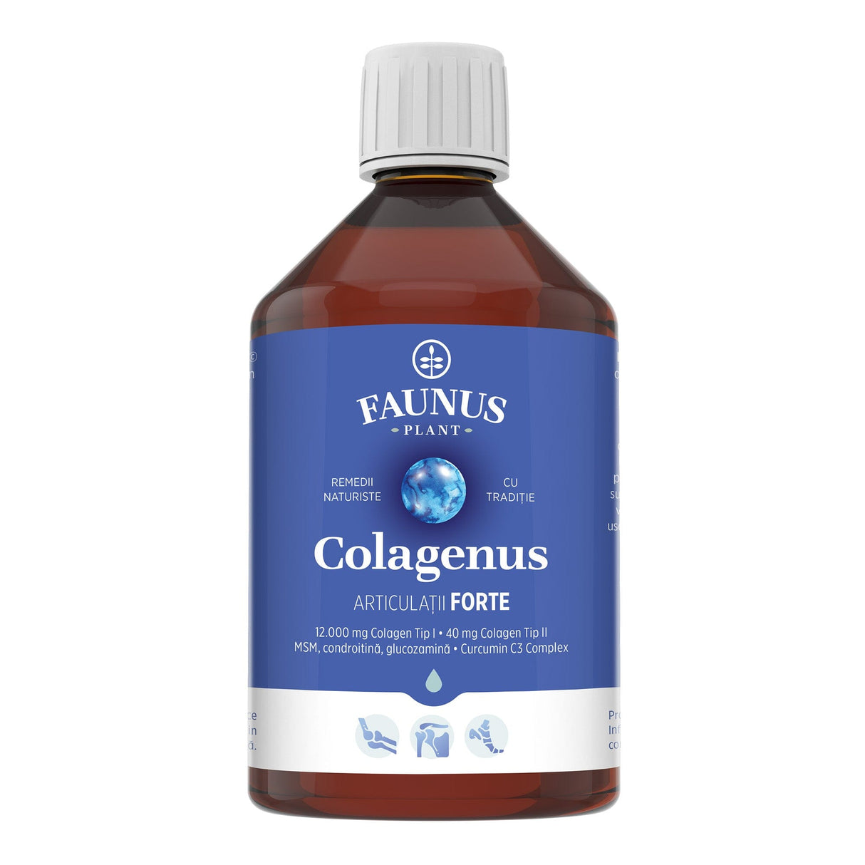Colagenus Articulații Forte - Colagen lichid concentrat, 12.000mg colagen tip 1 și 40mg colagen tip 2. Flacon 500ml. Susține sănătatea articulațiilor, reducerea inflamațiilor și durerii reumatice, refacerea mușchilor și ligamentelor Supliment alimentar Faunus Plant 