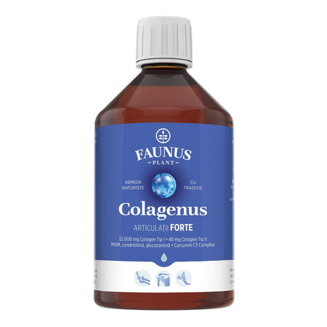 Colagenus Articulații Forte - Colagen lichid concentrat, 12.000mg colagen tip 1 și 40mg colagen tip 2. Flacon 500ml. Susține sănătatea articulațiilor, reducerea inflamațiilor și durerii reumatice, refacerea mușchilor și ligamentelor Supliment alimentar Faunus Plant 