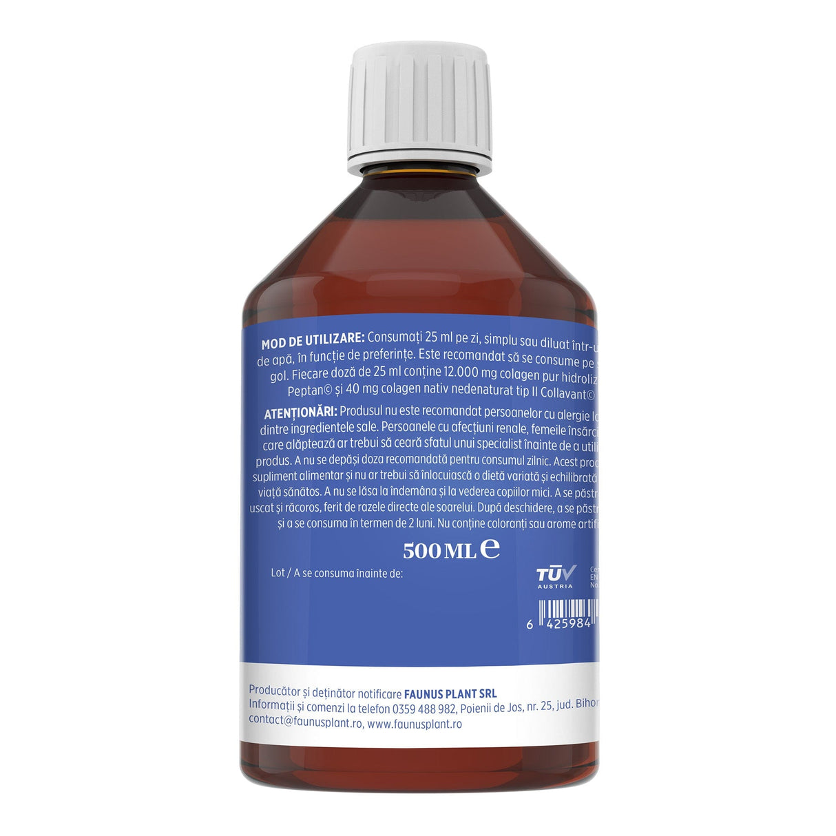 Colagenus Articulații Forte - Colagen lichid concentrat, 12.000mg colagen tip 1 și 40mg colagen tip 2. Flacon 500ml. Susține sănătatea articulațiilor, reducerea inflamațiilor și durerii reumatice, refacerea mușchilor și ligamentelor Supliment alimentar Faunus Plant 