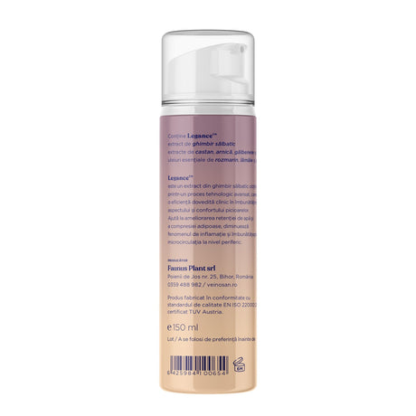 Imagine laterală dreapta a flaconului Veinosan Gel 150ml de la Faunus Plant, afișând textul despre ingrediente, descrierea ingredientului principal Legance, adresă producător și certificarea TUV Austria.