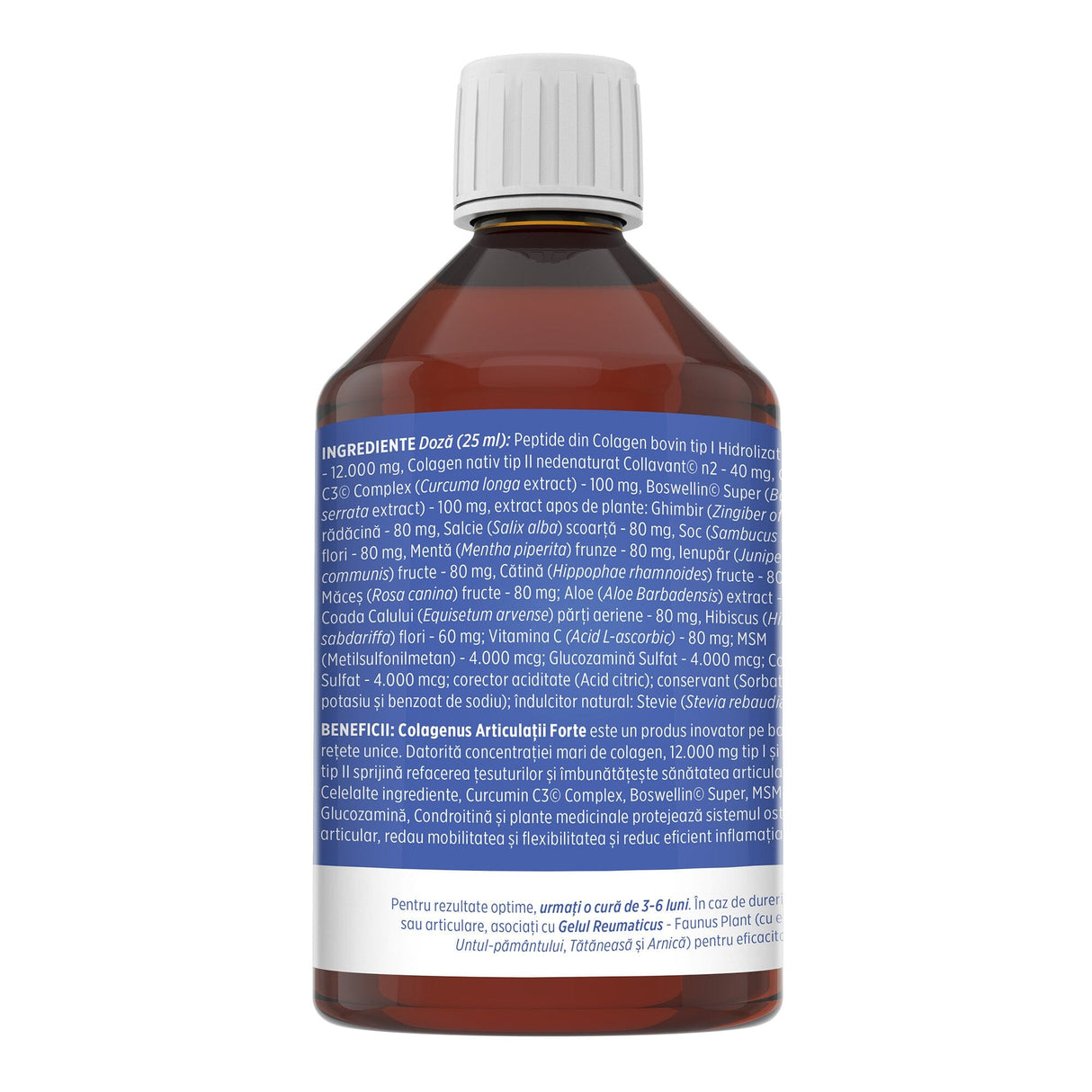Colagenus Articulații Forte - Colagen lichid concentrat, 12.000mg colagen tip 1 și 40mg colagen tip 2. Flacon 500ml. Susține sănătatea articulațiilor, reducerea inflamațiilor și durerii reumatice, refacerea mușchilor și ligamentelor Supliment alimentar Faunus Plant 