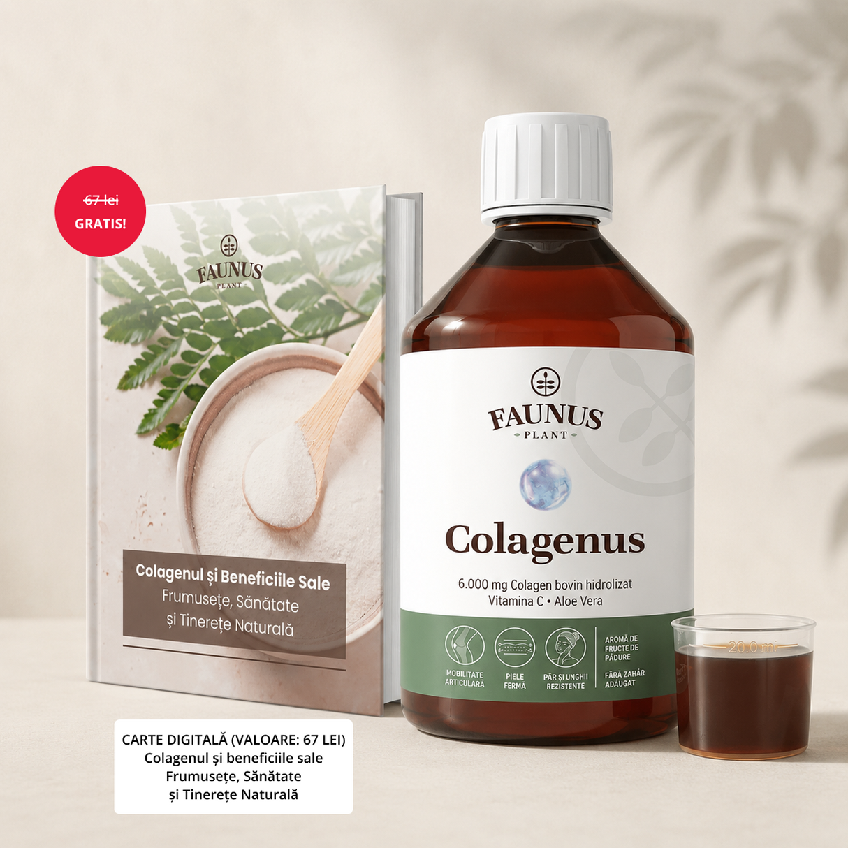Flacon Colagenus 500ml de la Faunus Plant, colagen lichid hidrolizat, fotografiat din față.