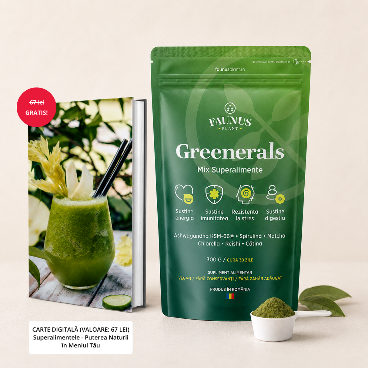 Greenerals de la Faunus Plant. Ambalaj față pe fundal alb. Vizibil pe etichetă este logo Faunus Plant, denumire produs, beneficii și ingrediente principale, cură și faptul că este produs în România.