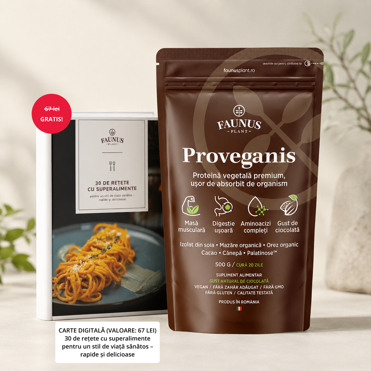 Proveganis - Proteină vegetală cu aromă de ciocolată. Amestec natural pentru energie și susținerea masei musculare. Pudră 500 g Supliment alimentar Faunus Plant 