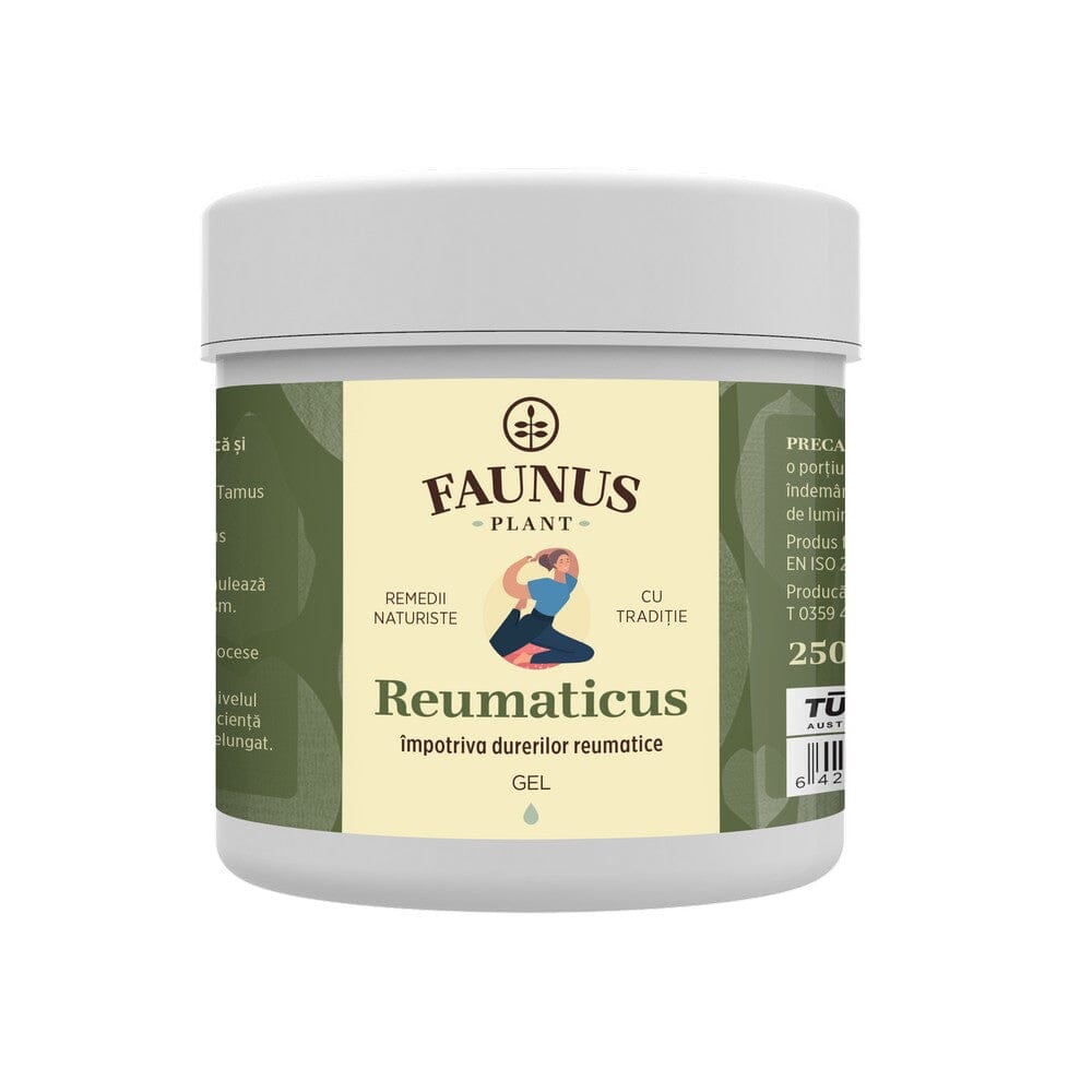 Gel Reumaticus 250 ml. Gel Reumatic îmbogățit cu Extracte Naturale de Untul Pământului, Tătăneasă și Arnică. Reduce durerile reumatice, musculare și articulare. Efect rapid de calmare. Analgezic, Antiinflamator și Antireumatic