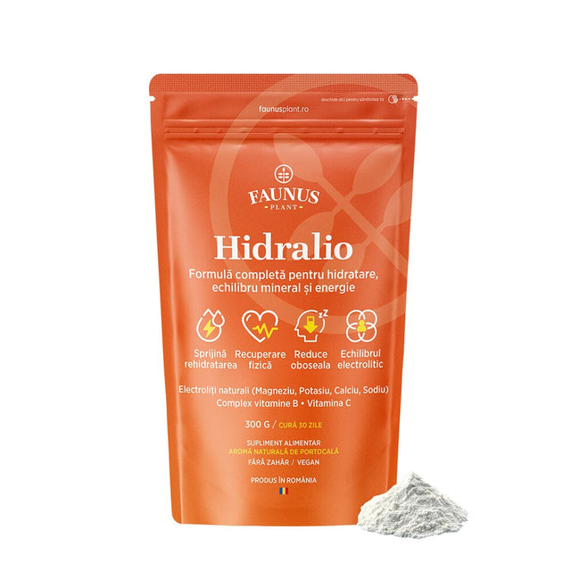 Hidralio Electroliți - Supliment cu electroliți pentru hidratare și echilibru mineral. Pudră 300g. Aromă de portocale Superalimente Faunus Plant 