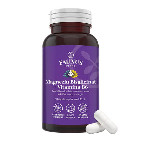 Magneziu Bisglicinat și Vitamina B6 – Formulă cu absorbție ridicată pentru echilibru nervos, energie și relaxare musculară. Flacon 90 capsule Supliment alimentar Faunus Plant 