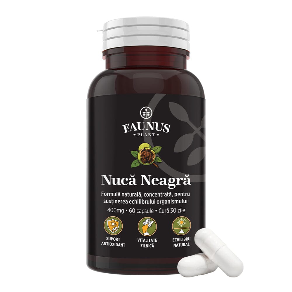 faunusplant.ro Nucă Neagră – Extract Standardizat 400 mg pentru echilibru intestinal și confort digestiv. Etichetă curată. Flacon 60 capsule