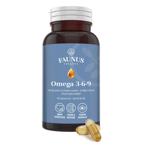 Omega 3 6 9 – Acizi grași esențiali cu vitamina E naturală pentru inimă sănătoasă, piele fermă și articulații puternice. Flacon 60 capsule Supliment alimentar Faunus Plant 