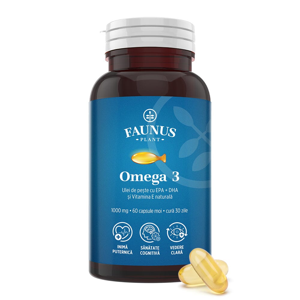 Omega 3 – Formulă concentrată în acizi grași îmbogățită cu vitamina E, susține funcția normală a inimii, a creierului și a vederii. Flacon 60 capsule Supliment alimentar Faunus Plant 