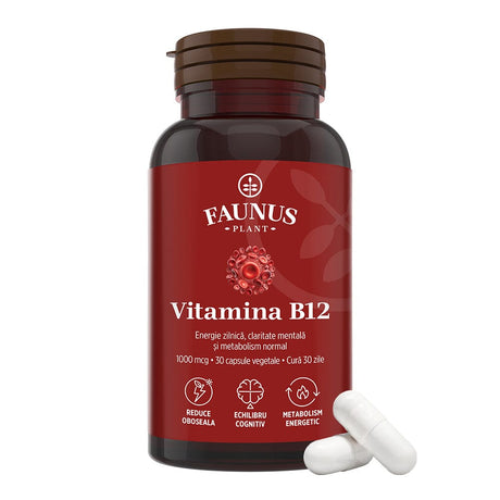 Vitamina B12 1000 mcg – Capsule pentru metabolismul energetic normal, funcționarea sistemului nervos, reducerea oboselii. Flacon 30 capsule Supliment alimentar Faunus Plant 