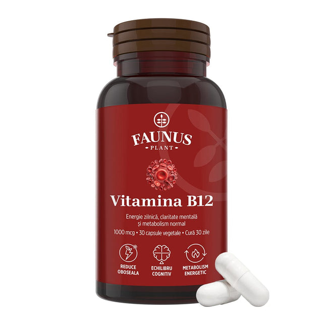 Vitamina B12 1000 mcg – Capsule pentru metabolismul energetic normal, funcționarea sistemului nervos, reducerea oboselii. Flacon 30 capsule Supliment alimentar Faunus Plant 