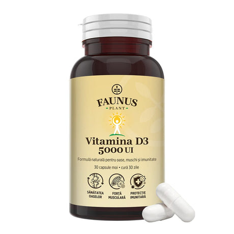 Vitamina D3 5000 UI – Concentrație mare de vitamina D3 pentru imunitate, absorbția calciului și fosforului în oase și mușchi. Flacon 30 capsule Supliment alimentar Faunus Plant 