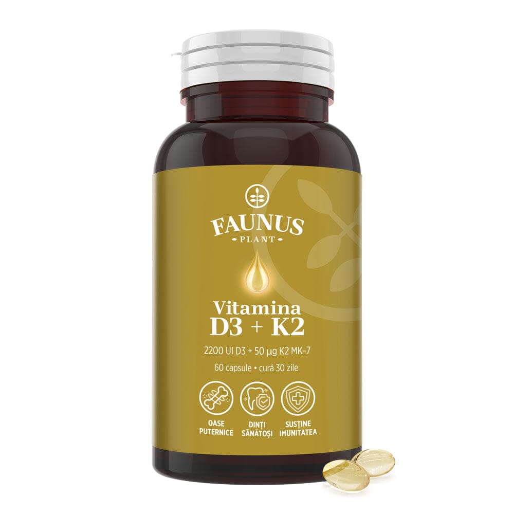 Vitamina D3 + K2 – Formulă premium naturală pentru oase puternice, imunitate și energie. Flacon 60 capsule Supliment alimentar Faunus Plant 