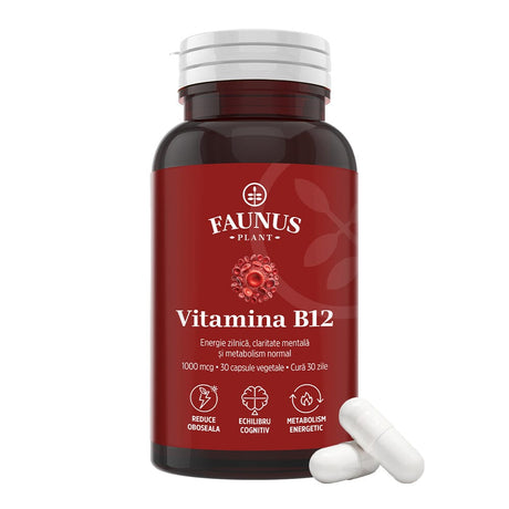Vitamina B12 1000 mcg – Capsule pentru metabolismul energetic normal, funcționarea sistemului nervos, reducerea oboselii. Flacon 30 capsule Supliment alimentar Faunus Plant 