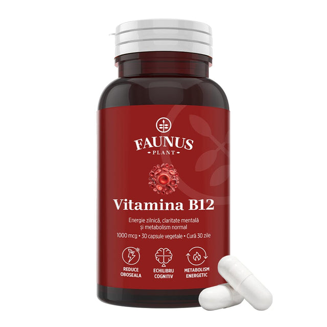 Vitamina B12 1000 mcg – Capsule pentru metabolismul energetic normal, funcționarea sistemului nervos, reducerea oboselii. Flacon 30 capsule Supliment alimentar Faunus Plant 