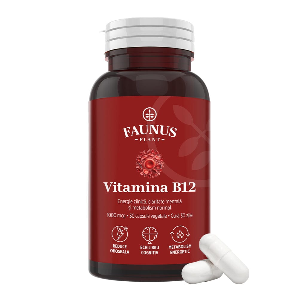 faunusplant.ro Vitamina B12 1000 mcg – Capsule pentru metabolismul energetic normal, funcționarea sistemului nervos, reducerea oboselii. Flacon 30 capsule