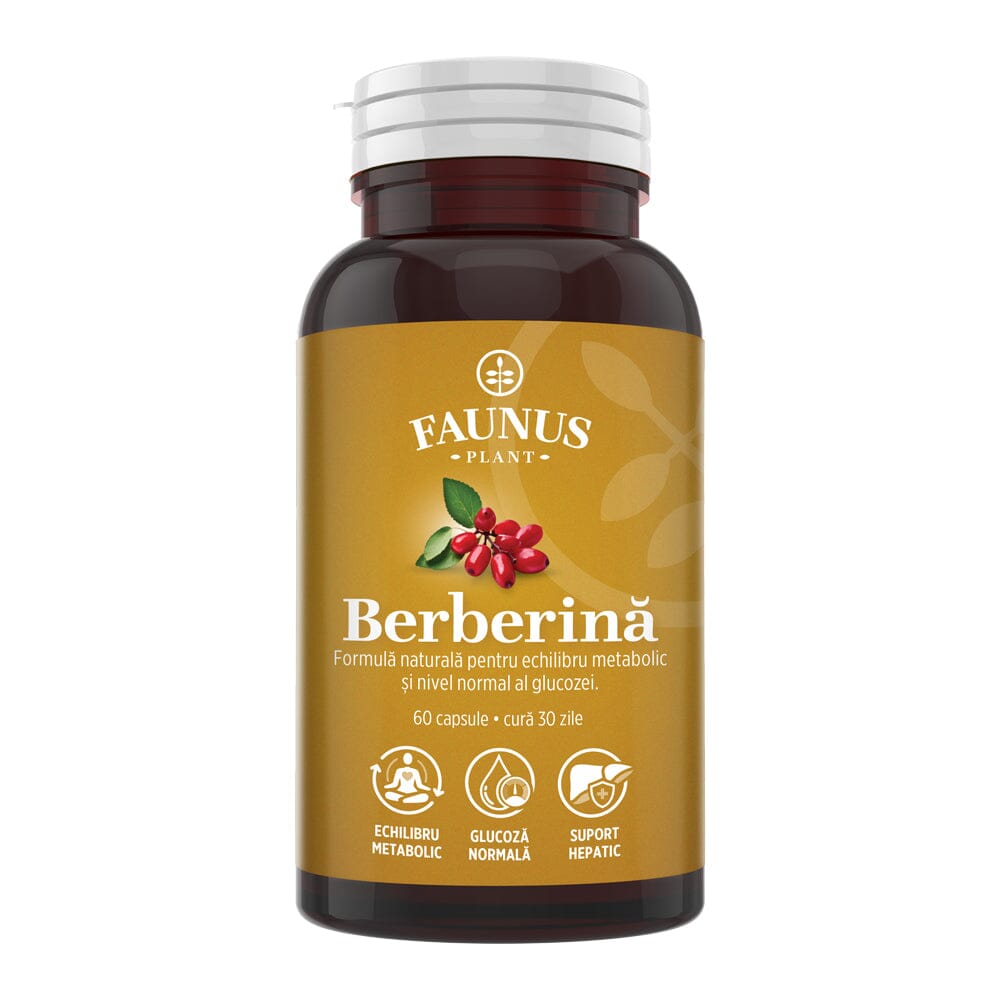 Flacon capsule Berberină de la Faunus Plant, cu etichetă vizibilă, cu logo și informații despre formulă și beneficii principale.