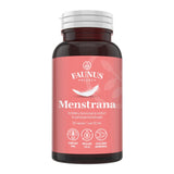 Flacon capsule Menstrana de la Faunus Plant, cu etichetă vizibilă, cu logo și informații despre formulă și beneficii principale.