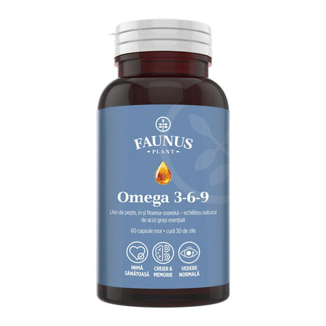 Omega 3 6 9 – Acizi grași esențiali cu vitamina E naturală pentru inimă sănătoasă, piele fermă și articulații puternice. Flacon 60 capsule Supliment alimentar Faunus Plant 